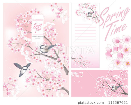 Warm spring day with birds perched on blossoming cherry tree branch in a vector illustration template set. Warm spring day with birds perched on blossoming cherry tree branch in a vector illustration template set. 112367631