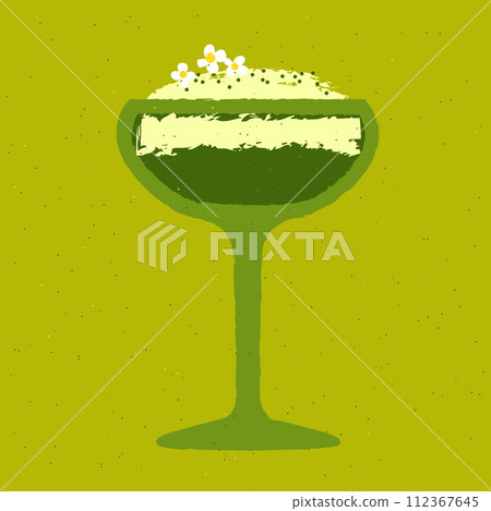 Green cocktail with chamomile. Creamy smoothie with flowers. Milkshake in margarita glass 112367645