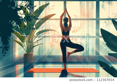Woman doing yoga tree pose 112367654
