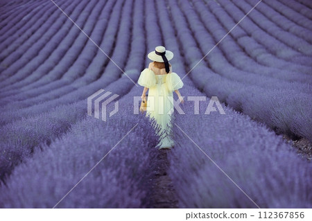 Back view woman lavender sunset. Happy woman in yellow dress holds lavender bouquet. Aromatherapy concept, lavender oil, photo session in lavender Back view woman lavender sunset. Happy woman in yellow dress holds lavender bouquet. Aromatherapy concept, lavender oil, photo session in lavender 112367856