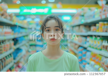 A woman stands in a grocery store aisle, looking at the shelves 112367857