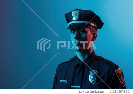 Studio photo of a policeman with his cap on a blue background Studio photo of a policeman with his cap on a blue background 112367881