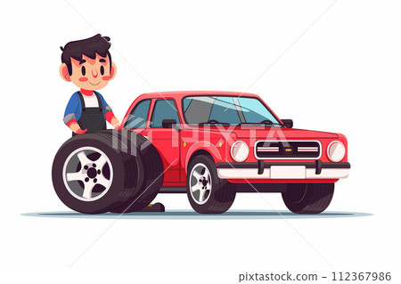 一個穿著工作服的男人更換汽車輪胎的插圖 一個穿著工作服的男人更換汽車輪胎的插圖 112367986