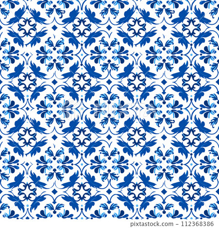 Dutch delft blue traditional handpainted floral seamless pattern on white background illustration, For fabric printing, textile, kitchenware, wallpaper, and wrapping paper Dutch delft blue traditional handpainted floral seamless pattern on white background illustration, For fabric printing, textile, kitchenware, wallpaper, and wrapping paper 112368386