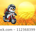 A penguin is riding a bike through the countryside towards the sunset! 112368399