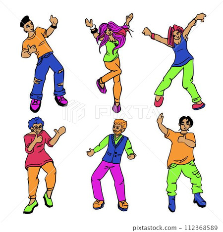 Happy dancing people. Excited student characters, happy teenagers and joyfulman and women Set of isolated vector illustrations. Dancing human pack in cartoon style 112368589
