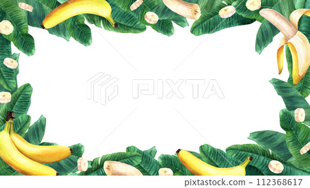 Watercolor rectangular frame with banana tree leaves and fruits. Hand drawn botanical illustration isolated on white background. For clip art cards invitation label package Watercolor rectangular frame with banana tree leaves and fruits. Hand drawn botanical illustration isolated on white background. For clip art cards invitation label package 112368617
