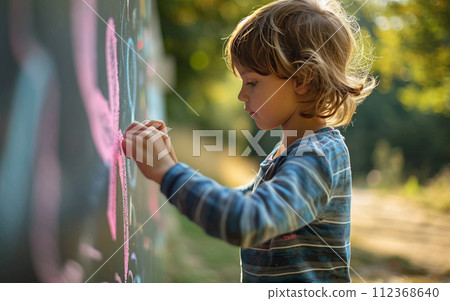 Cute little boy drawing with chalk on a blackboard in the park 112368640