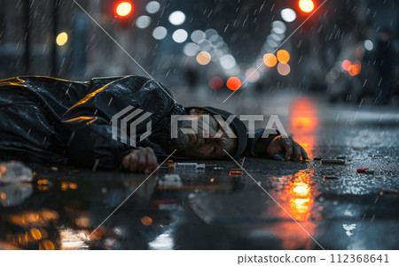 A drug addict lies with a syringe on the street in the rain. Overdose Awareness Day A drug addict lies with a syringe on the street in the rain. Overdose Awareness Day 112368641