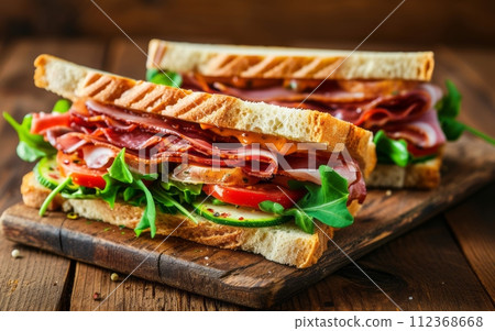 sandwiches with bacon, salami, prosciutto and fresh vegetables sandwiches with bacon, salami, prosciutto and fresh vegetables 112368668