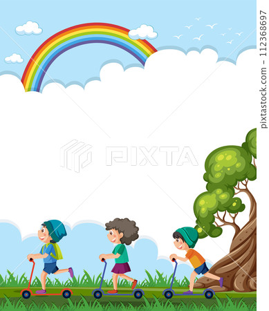 Joyful Kids Riding Scooters Under Rainbow 112368697