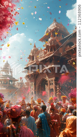 The sacred celebration of Holi at a temple, where devotees engage in the throwing of colors and flowers, highlighting spiritual joy and architectural elegance 112368906