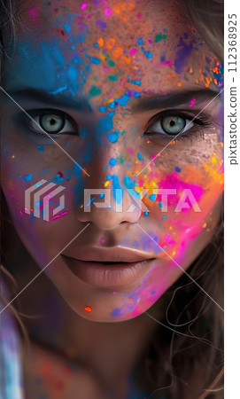 A woman's face, beautifully adorned with Holi colors, offers a deep cultural narrative through her expressive gaze A woman's face, beautifully adorned with Holi colors, offers a deep cultural narrative through her expressive gaze 112368925