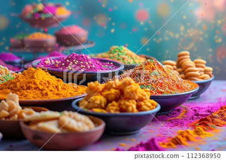 The vibrant array of traditional Holi foods and sweets, set against a festive backdrop, inviting a taste of the celebration The vibrant array of traditional Holi foods and sweets, set against a festive backdrop, inviting a taste of the celebration 112368950