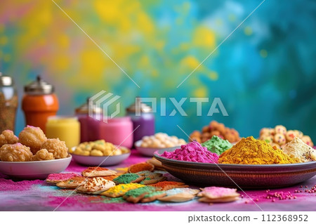 The vibrant array of traditional Holi foods and sweets, set against a festive backdrop, inviting a taste of the celebration The vibrant array of traditional Holi foods and sweets, set against a festive backdrop, inviting a taste of the celebration 112368952