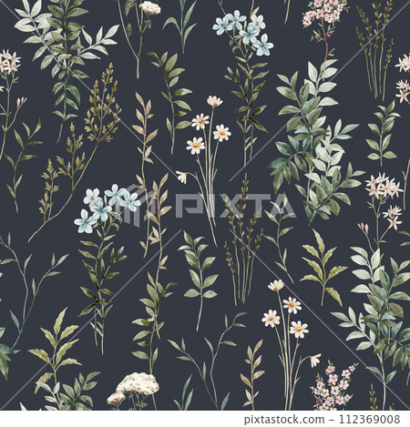 Beautiful floral seamless pattern with hand drawn watercolor wild herbs and flowers. Stock illustration. Beautiful floral seamless pattern with hand drawn watercolor wild herbs and flowers. Stock illustration. 112369008
