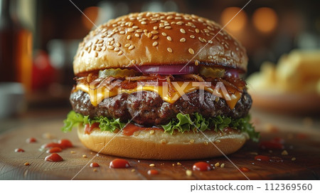 burger closeup on wooden background 112369560