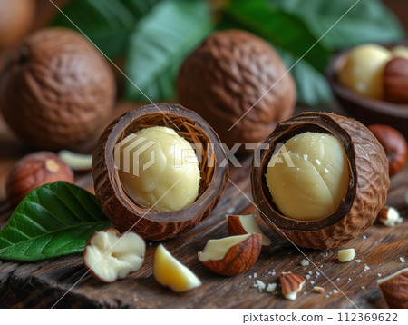 macadamia nuts on wooden background 112369622