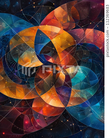 Hand-drawn lines intersect fractal art on a cosmic patterned silk backdrop. Hand-drawn lines intersect fractal art on a cosmic patterned silk backdrop. 112369683