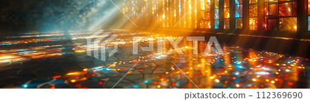 Mosaic tiles creating an ethereal light effect in a vintage abstract setting. Mosaic tiles creating an ethereal light effect in a vintage abstract setting. 112369690