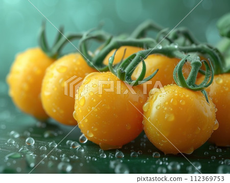 branch of yellow tomatoes in drops of water 112369753