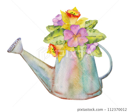 Hand drawn watercolor illustration spring gardening tools, metal watering can with flowers buds leaves. Composition isolated on white background. Design print, shop, scrapbooking, packaging, decoupage 112370012
