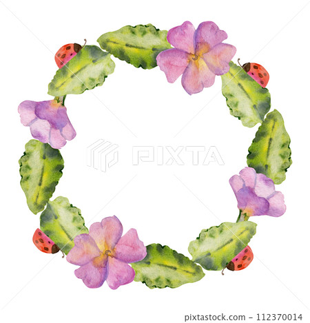 Hand drawn watercolor illustration spring gardening flower bed, leaves buds nature blossom. Circle wreath isolated white background. Design print, shop, scrapbooking, packaging, decoupage, invitation 112370014