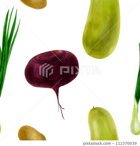 Vegetable seamless pattern in watercolor, hand drawn. Zucchini, beets, onions, potatoes. For kitchen textiles, wallpaper, menu, packaging design 112370039