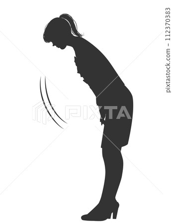 Silhouette of a Japanese woman bowing Business woman full body sideways illustration Icon material 112370383