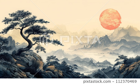 樹木和自然風景的水墨畫，生成AI人工智慧影像 112370469