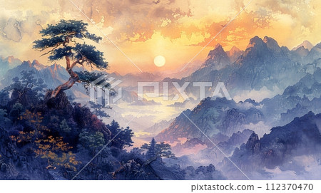 樹木和自然風景的水墨畫，生成AI人工智慧影像 112370470