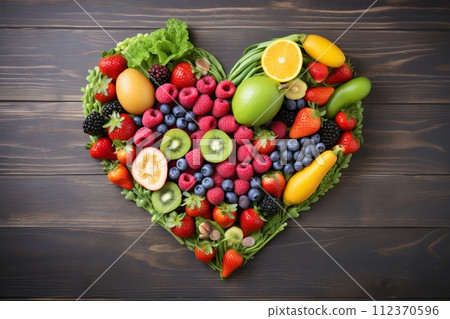 Heart-shaped fruits and vegetables on natural background, promoting healthy lifestyle 112370596