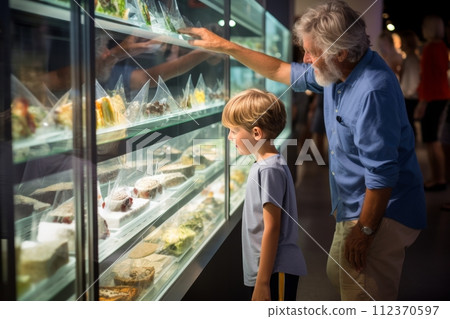 An elderly man with his grandson, shopping in the grocery department, choosing fruits and vegetables, the concept of family, healthy eating and longevity 112370597