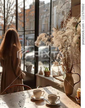 AI-generated content. A woman is seated at a wooden table with tableware and a houseplant, looking out of a window at a flowerpot on the windowsill with twigs 112370802