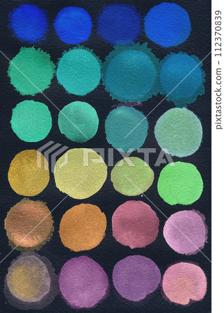 Set of watercolor circles of blue, green, red, brown, mustard, mint colors isolated on black background 112370839