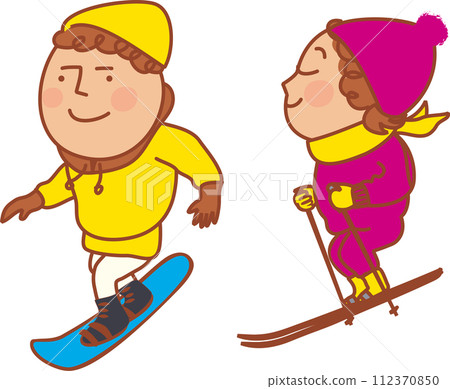 White background vector children enjoying skiing and snowboarding set 1 112370850