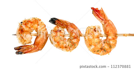 roasted peeled prawn with skewer isolated. grilled shrimp roasted peeled prawn with skewer isolated. grilled shrimp 112370881