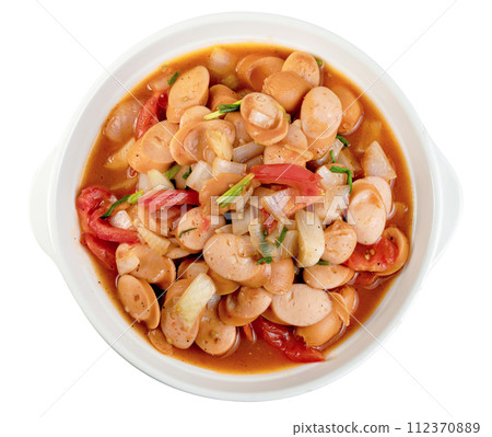 Stir fried sausage sauce with white plate isolated 112370889