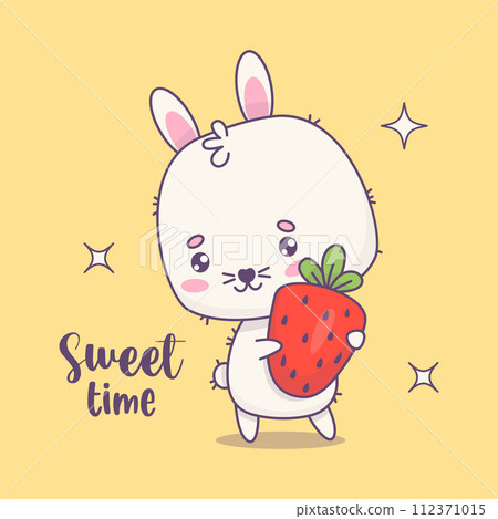 Happy bunny with strawberries. Funny kawaii animal character. Vector illustration. Sweet time card. Kids collection. 112371015