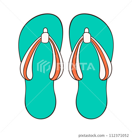 Pair of flip flops in cartoon style top view. Summer time slippers for male and female, shoes design green and orange color for shoes store. Vector illustration isolated on a white background. 112371052