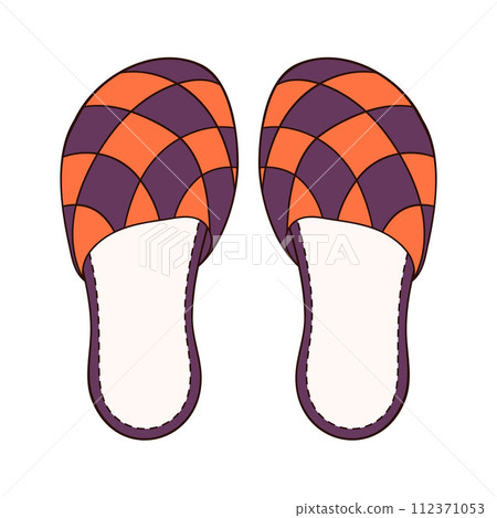 House slippers in cartoon style. Female, male footwear. Hand drawn logo for web design, shoes store. Vector illustration isolated on a white background. 112371053