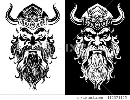 Viking Warrior Man Strong Mascot Face in Helmet 112371125