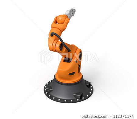 3d rendering of orange robotic arm with grey gripper standing on white background. 112371174
