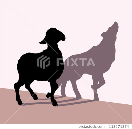 Vector drawing. Cute small sheep with shadow of wolf 112371274