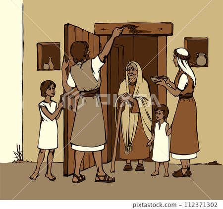 Vector drawing. The family fulfills God's command. Anoints the doorposts with the blood of the lamb 112371302