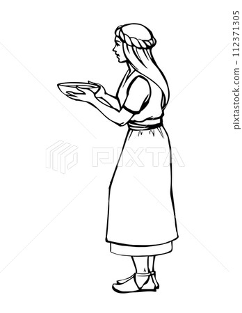 Vector drawing. Slave girl offer food 112371305
