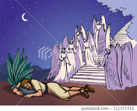 Vector drawing. Angels on the stairs leading to heaven 112371318