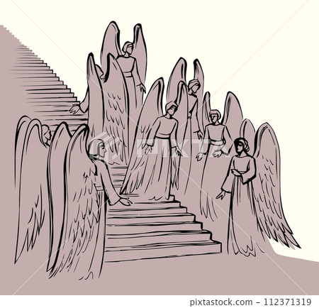 Vector drawing. Angels on the stairs leading to heaven 112371319