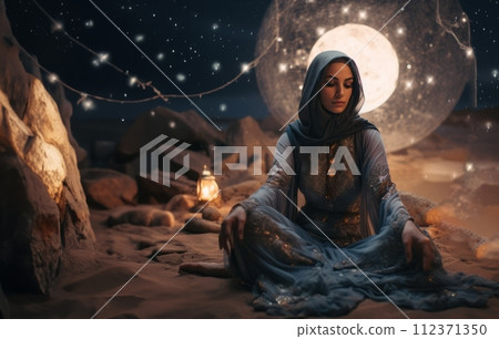AI-generated content. A Muslim woman in hijab stands on the surface of the moon, welcoming the first Ramadan in a new era of space exploration.Generated image 112371350