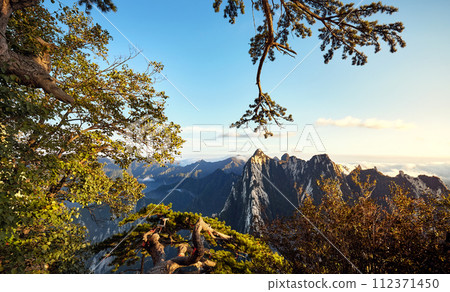 View of Huashan National Park mountain landscape at sunset, China. 112371450